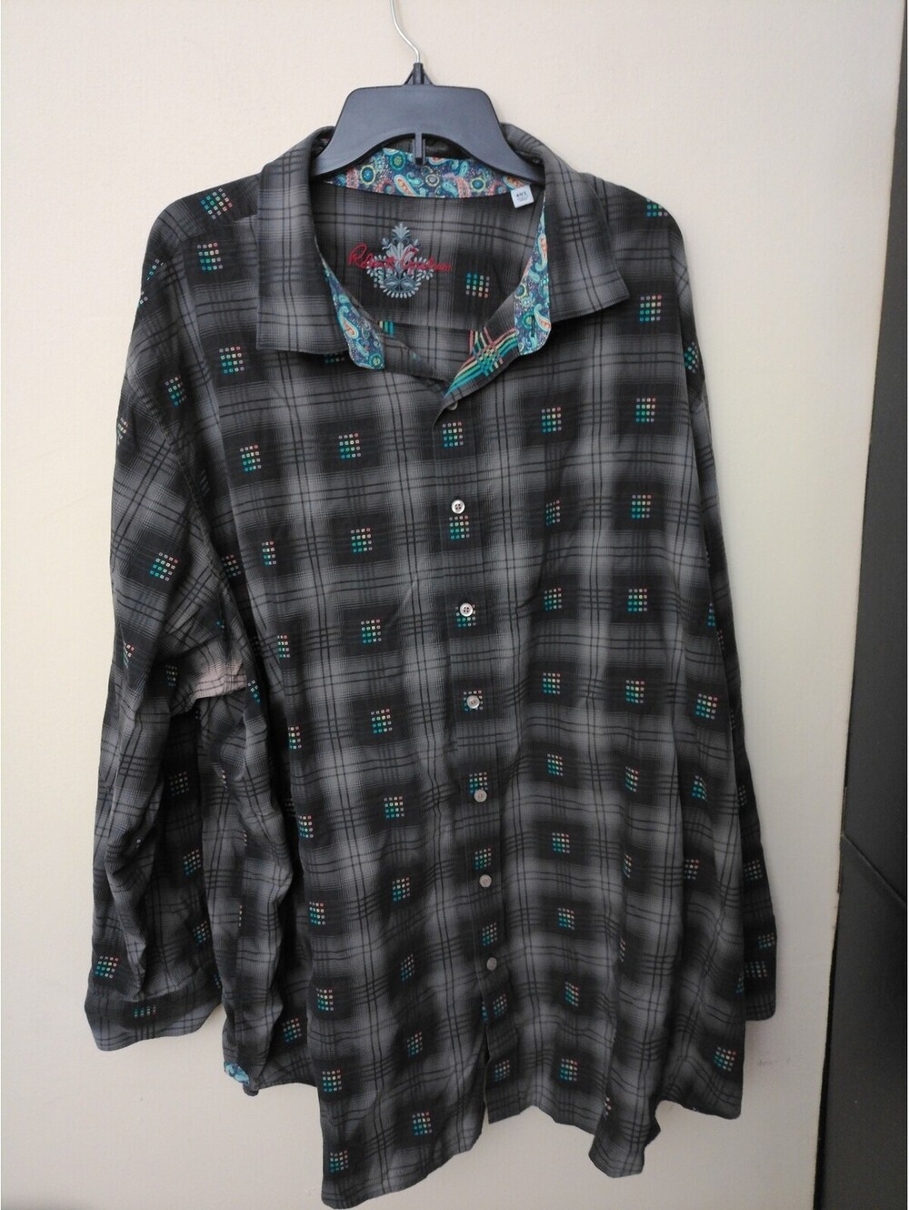 Robert Graham Mens Long Sleeve Button Up Shirt 4XL Gray Black Plaid Paisley‎